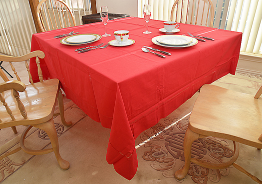 Happy Festive 90" Square tablecloth. Red color - Click Image to Close